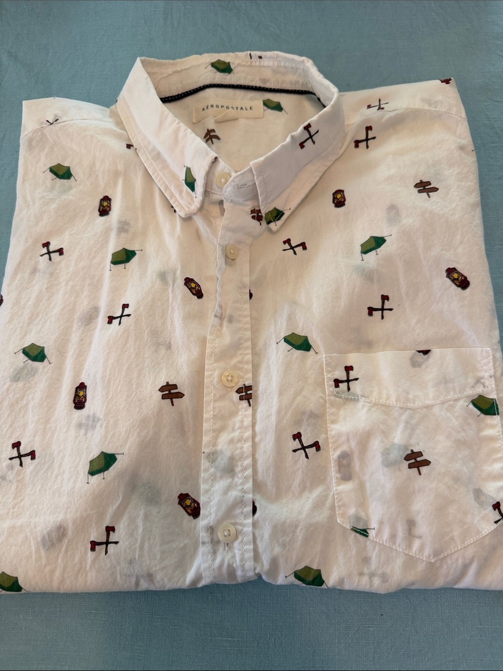 Aeropostale White Button-Down Shirt with Green Tent & Brown Sign Prints